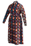 Grå casual print patchwork med bälte turndown krage skjorta klänning Plus size klänningar