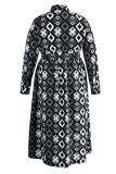 Blue Casual Print Patchwork With Belt Turndown Collar Shirt Dress Plus Size Dresses