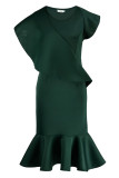 Rosérote, elegante, solide Patchwork-Volant-O-Ausschnitt-Trompeten-Meerjungfrau-Kleider