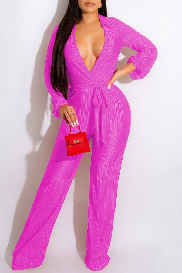 Rose Red Sexy Solid Bandage Patchwork Fold V-Ausschnitt Straight Jumpsuits