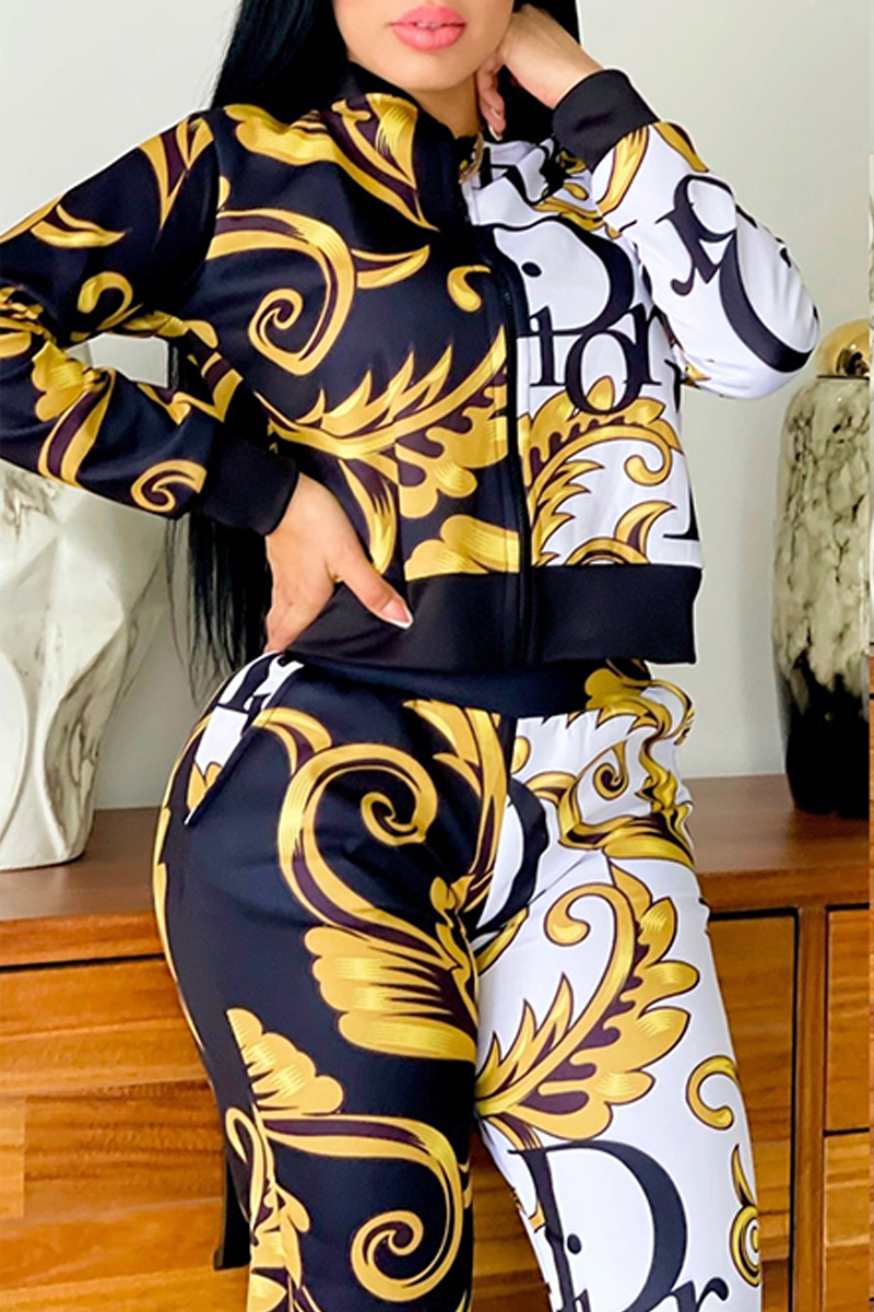 

Black Street Print Patchwork Mandarin Collar Long Sleeve Two Pieces