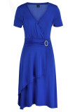 Blauwe casual effen patchwork V-hals A-lijn jurken