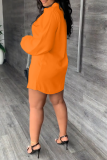 Vestidos de camisa social laranja casual patchwork sólido com gola virada para baixo