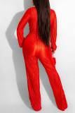 Macacão reto vermelho sexy de retalhos com decote em V