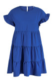 Blauwe casual effen patchwork vouw stringy zelfkant O-hals A-lijn jurken