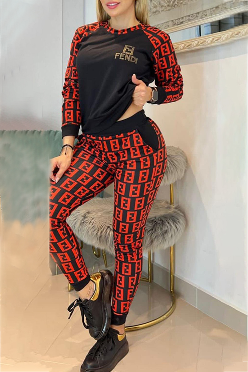 

Red Elegant Print Patchwork Letter O Neck Long Sleeve Two Pieces