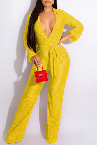Yellow Sexy Solid Bandage Patchwork Fold V Neck Straight Jumpsuits