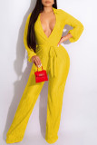 Rose Red Sexy Solid Bandage Patchwork Fold V Neck Straight Jumpsuits