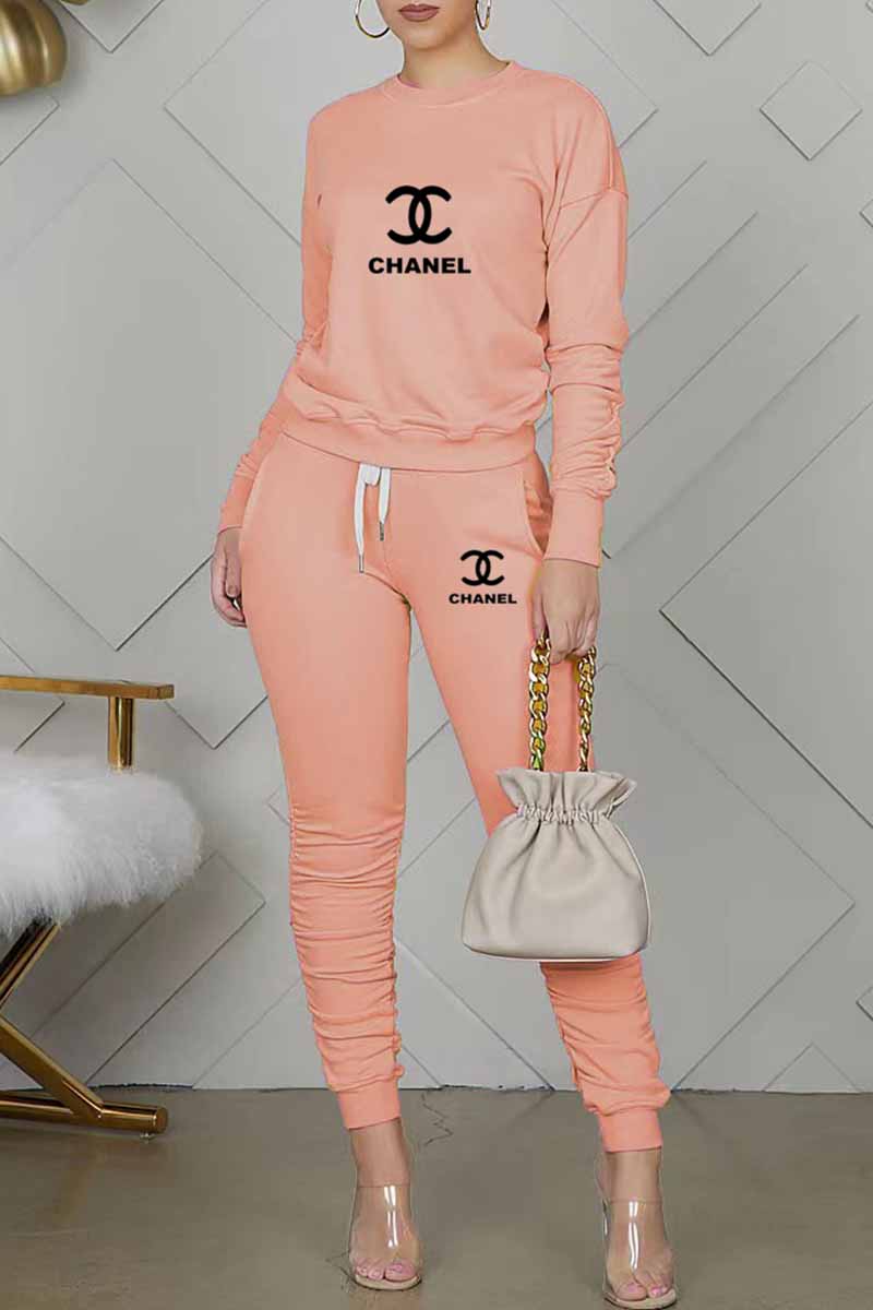 

Nude Pink Casual Print Letter O Neck Long Sleeve Two Pieces