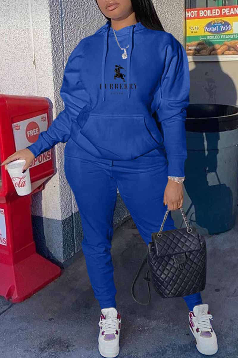 

Blue Casual Print Letter Hooded Collar Long Sleeve Two Pieces