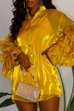 ゴールド セクシー ソリッド パッチワーク フラウンス ターンダウン カラー ドレス