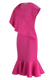 Розово-красные элегантные однотонные лоскутные платья-русалка с воланами и круглым вырезом