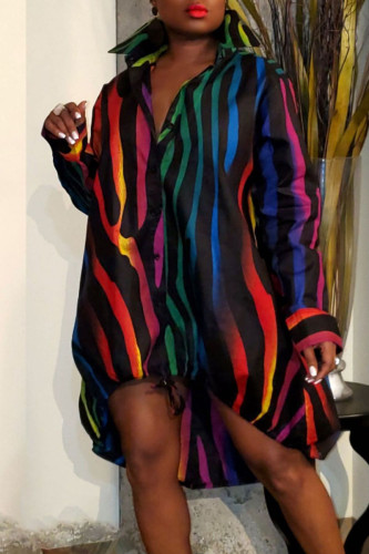 Colour Casual Striped Print Patchwork Buckle Turndown Collar Shirt Dress Dresses