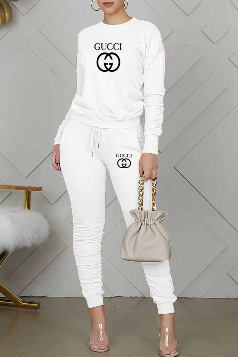 

White Casual Print Letter O Neck Long Sleeve Two Pieces