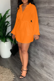 オレンジ カジュアル ソリッド パッチワーク ターンダウン カラー シャツドレス ドレス