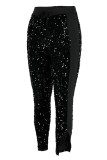 Pantalones de retazos de lápiz de cintura alta con abertura de retazos de lentejuelas sólidas negras sexy (solo fondos)