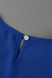 Blauwe casual effen patchwork vouw stringy zelfkant O-hals A-lijn jurken