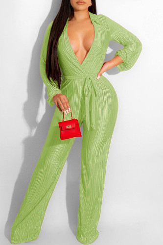 Green Yellow Sexy Solid Patchwork Fold V Neck Straight Jumpsuits