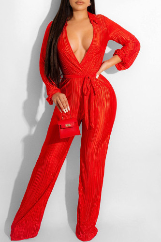Red Sexy Solid Patchwork Fold V Neck Straight Jumpsuits