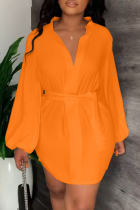 Vestido camisero con cuello vuelto de patchwork liso informal naranja Vestidos