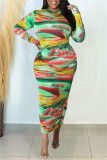 Vestidos de retalhos multicoloridos com estampa casual meia gola alta manga longa plus size