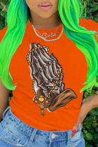 Camisetas con cuello redondo y patchwork con estampado de fiesta callejera naranja