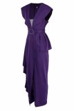 Пурпурные модные однотонные лоскутные платья в британском стиле с V-образным вырезом