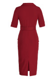 レッド カジュアル ソリッド パッチワーク ベルト付き ターンダウン カラー ワンステップ スカート ドレス