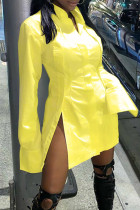 Желтое сексуальное однотонное платье-рубашка в стиле пэчворк с разрезом и отложным воротником, платья-рубашки, платья