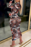 Коричневый сексуальный принт в стиле пэчворк Прозрачные платья с юбкой-карандаш до половины водолазки