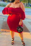 Rode sexy plus size effen rugloze off-shoulder jurk met korte mouwen