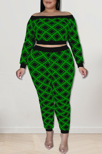 Groen sexy print patchwork off-shoulder grote maat twee stuks