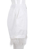 Pantaloni tinta unita dritti a vita alta con piume di rappezzatura casual casual bianchi