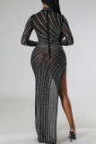 Negro sexy sólido patchwork hendidura taladro caliente medio cuello alto un paso falda vestidos