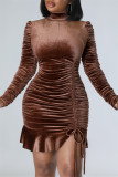 Coffee Sexy Casual Solid Draw String Frenulum Fold Turtleneck Long Sleeve Dresses