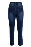 Diepblauwe casual effen patchwork spleet hoge taille denim jeans