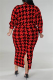 Röd Casual Print Basic Half A Turtleneck ärmlös klänning Plus Size Two Pieces