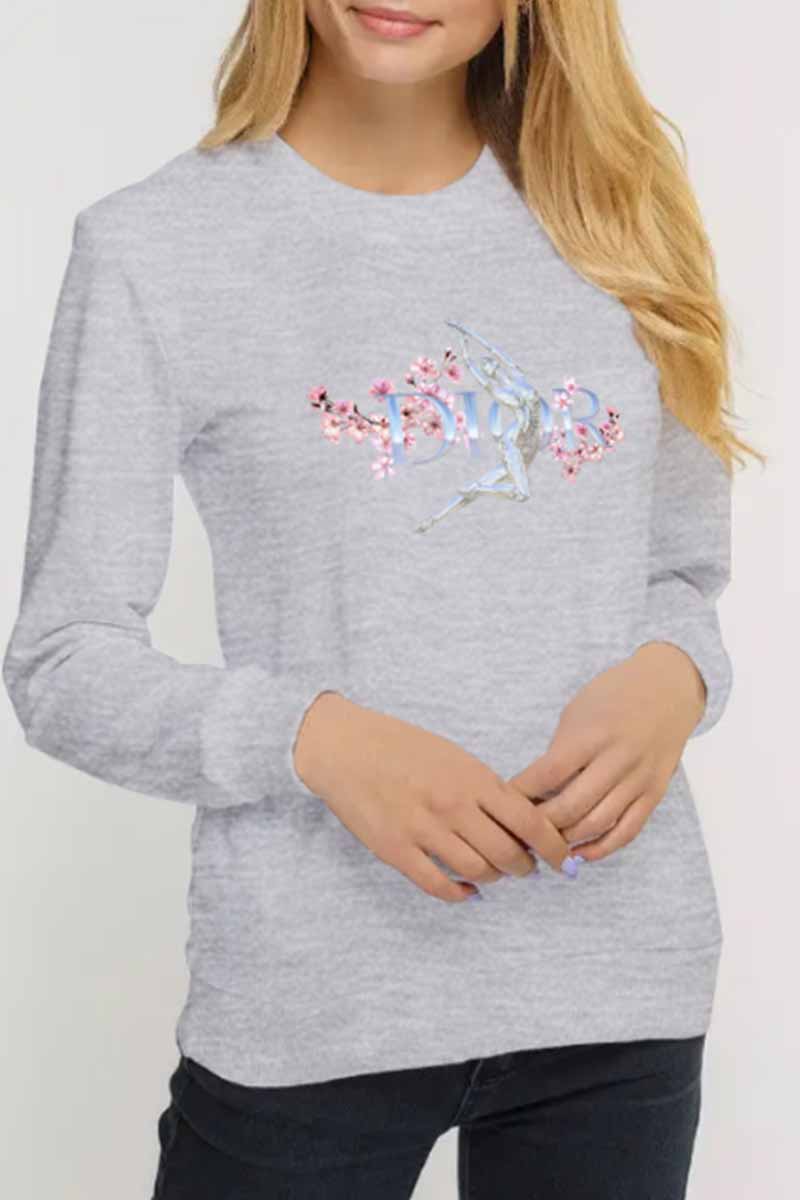 

Grey Casual Print Letter O Neck Tops