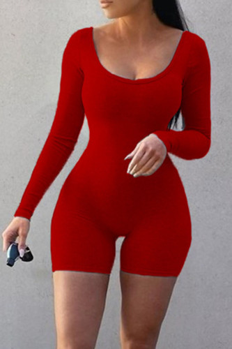 Red Sexy Sportswear Solid Patchwork U Neck Skinny Rompers