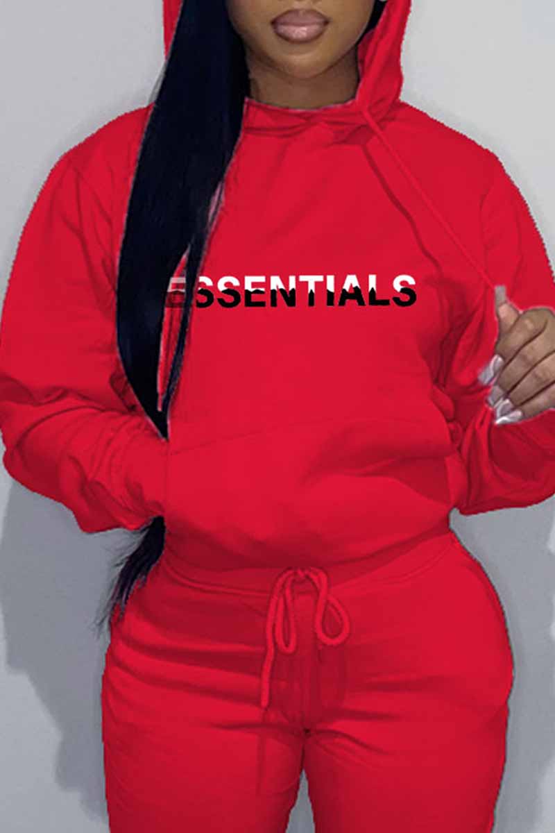 

Red Casual Print Letter Hooded Collar Tops