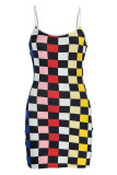 Couleur Sexy Plaid Print Patchwork Spaghetti Strap Sling Dress Robes