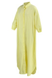 Желтое повседневное однотонное платье-рубашка в стиле пэчворк с отложным воротником и пряжкой Платья Платья