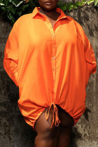 Orangefarbenes, lässiges, solides Patchwork-Hemdkleid mit Umlegekragen in Übergröße