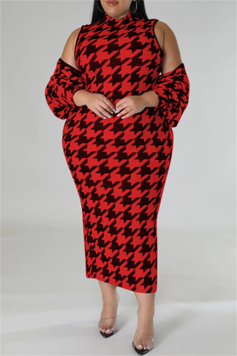 Röd Casual Print Basic Half A Turtleneck ärmlös klänning Plus Size Two Pieces