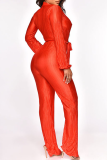 Roter, sexy, fester Patchwork-Overall mit V-Ausschnitt und Stiefelschnitt