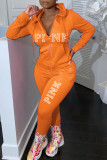 Оранжевый Повседневная спортивная одежда Пэчворк с принтом Воротник с капюшоном Плюс размер Из двух частей