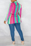 Cardigan colorido moda casual estampa patchwork com gola virada para trás