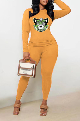 Orange Casual Print Patchwork O Neck Long Sleeve Two Pieces