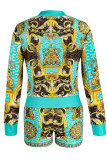 Blue Sexy Print Patchwork Zipper Zipper Collar Long Sleeve Two Pieces Blouse Tops And Short Sets
