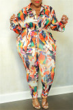 Amarillo Casual Print Patchwork Turndown Collar Plus Size Two Pieces